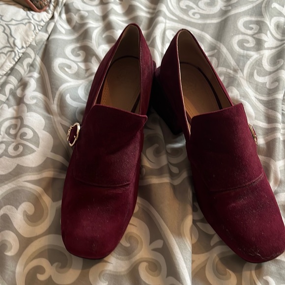 Tory Burch Shoes - Tory Burch Burgundy Suede Block Heel Loafers